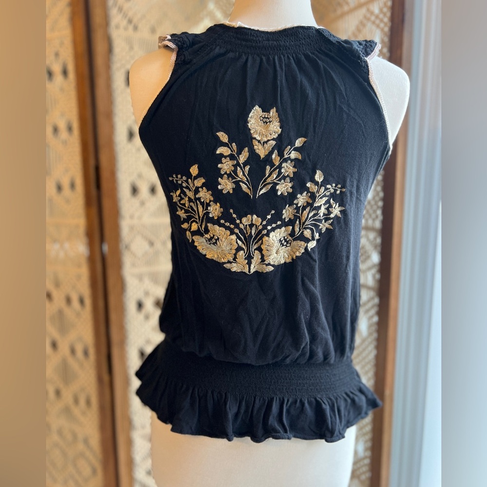 Free People Black Halter Tank with Gold Floral Embroidery